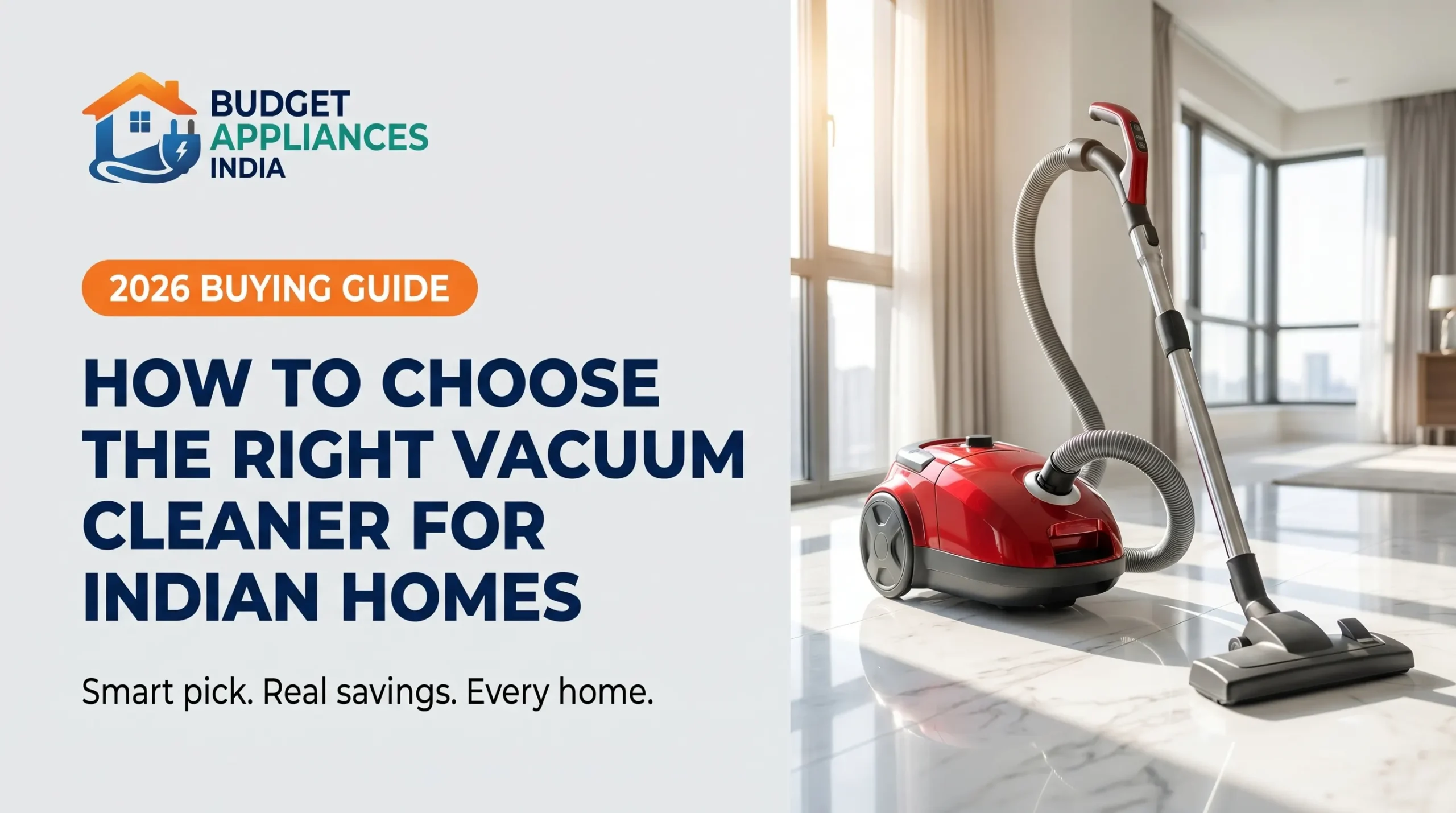 Modern red canister vacuum cleaner resting on polished marble flooring in a sunlit Indian apartment next to an empty light gray wall background