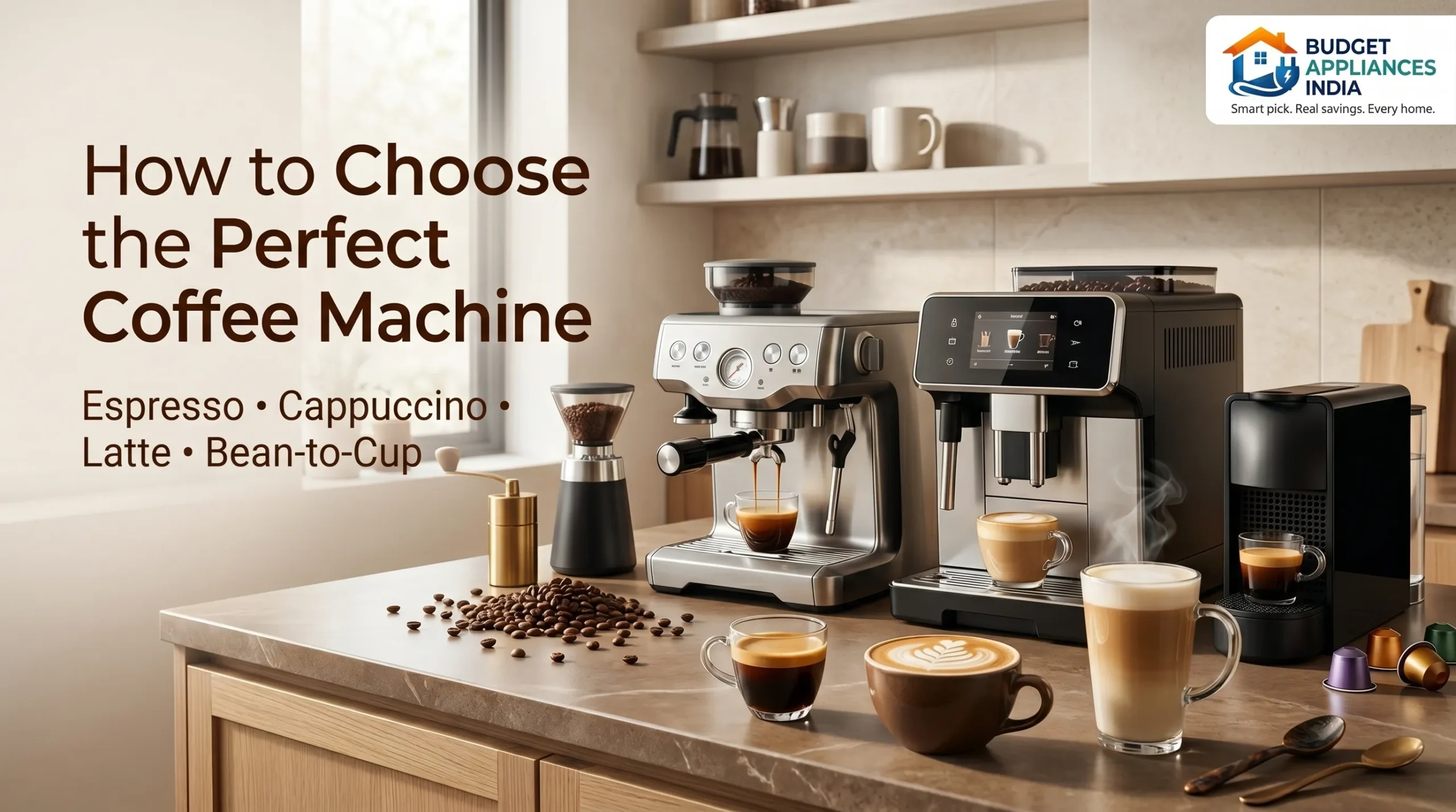 Comparison of espresso machine, bean-to-cup coffee machine, and capsule coffee maker with espresso, cappuccino, and latte drinks.