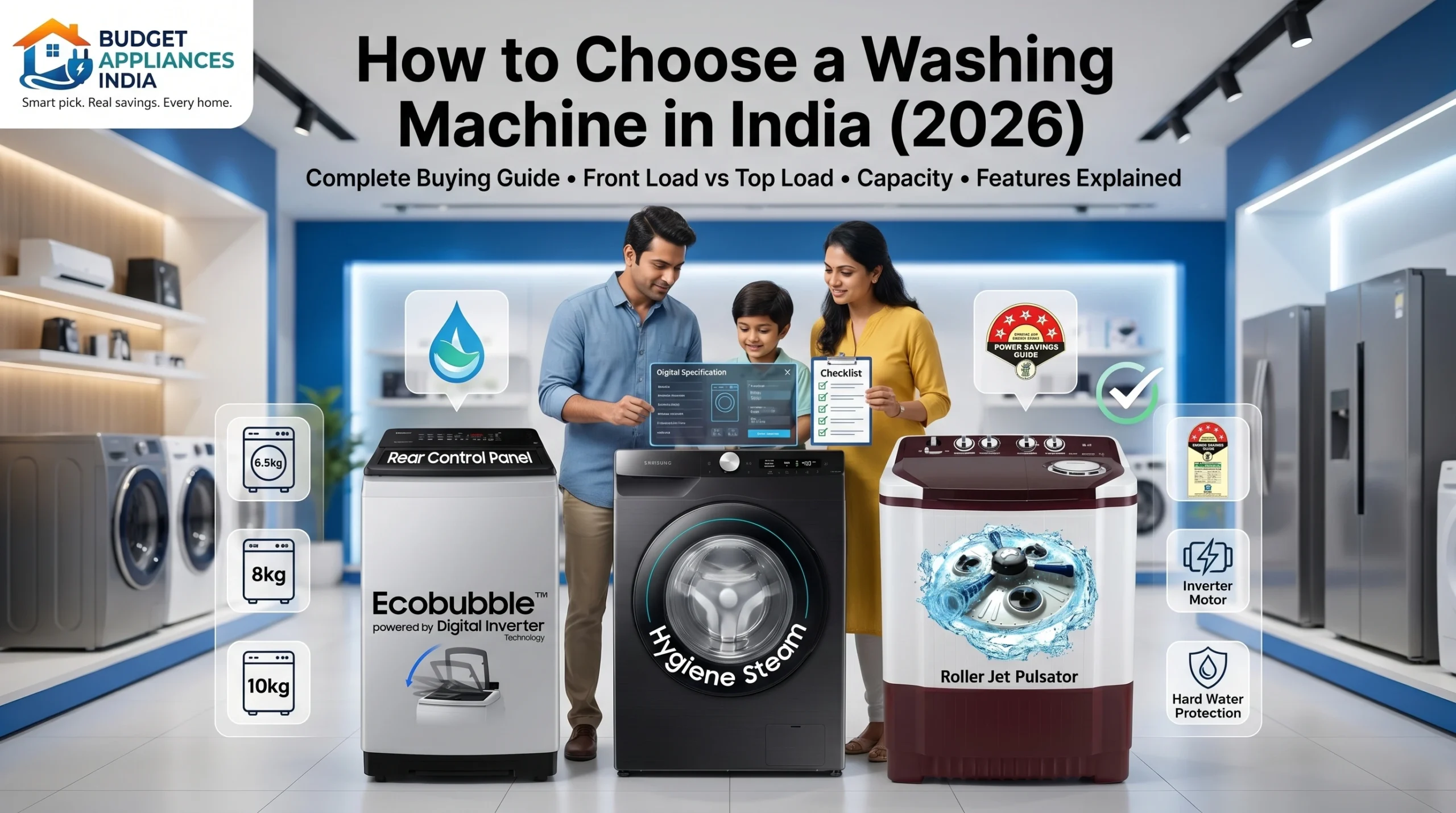 Indian family comparing front load, top load, and semi-automatic washing machines in a modern showroom as part of a washing machine buying guide for India 2026.