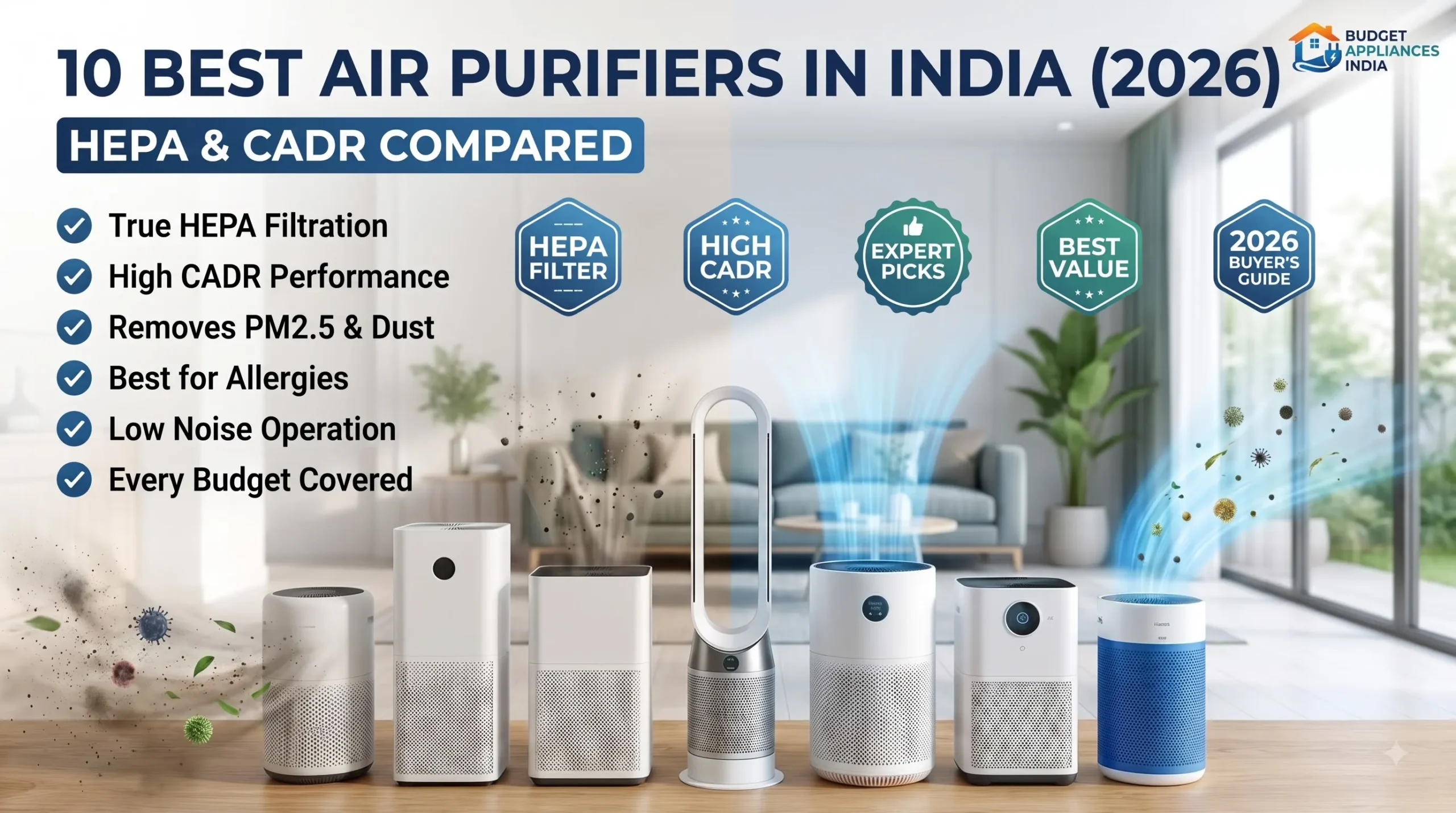Comparison of the 10 best air purifiers in India for 2026 showing multiple air purifier models with HEPA filtration, CADR performance, PM2.5 removal, and expert recommendations for Indian homes.